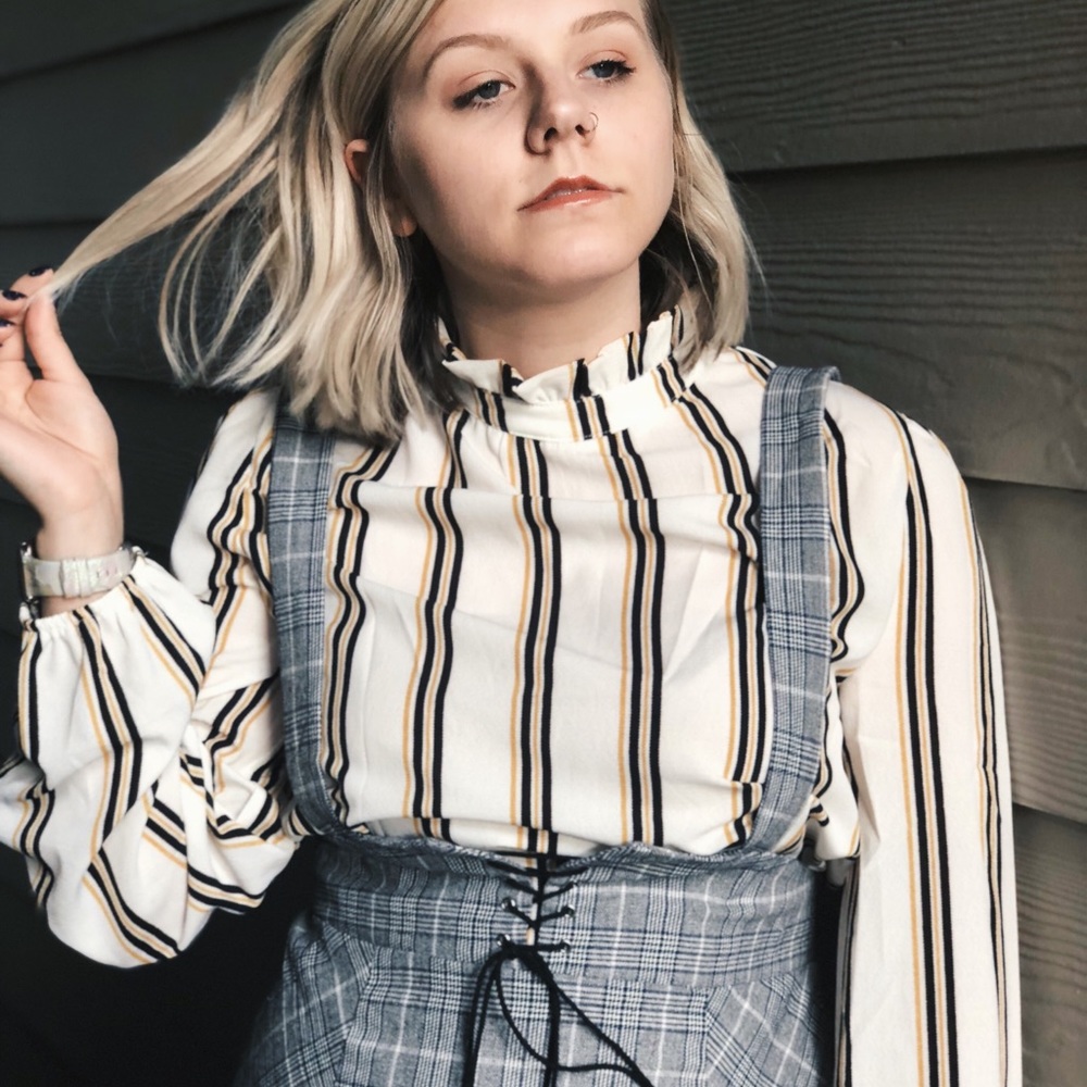 Grey Plaid Overall Pinafore Trumpet Dress